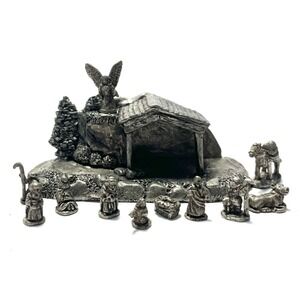 Pewter Nativity Scene Mini 12 Piece Set + Crèche Holiday Tiny Decor Figurines